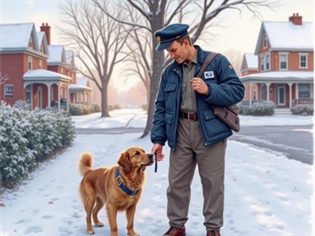 Mail Carrier Pets Snowy Golden Retriever on Victorian Street