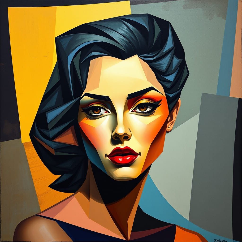 Geometric Female Form in Vibrant Cubist Style