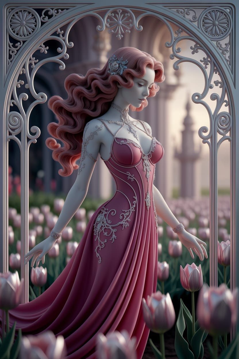 Ethereal Android Goddess in Art Nouveau Garden