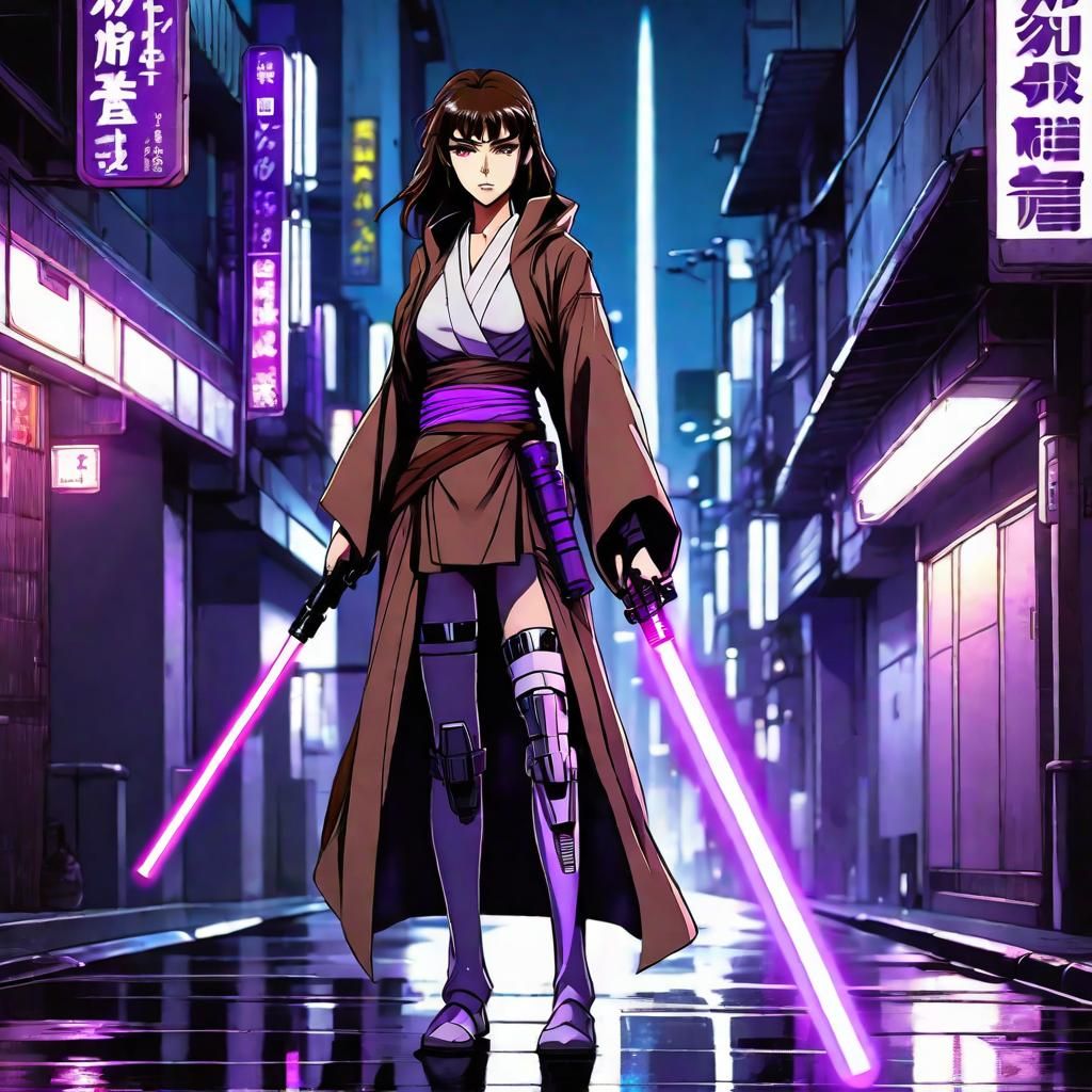 Cyberpunk Jedi Woman with Lightsaber in Anime Style