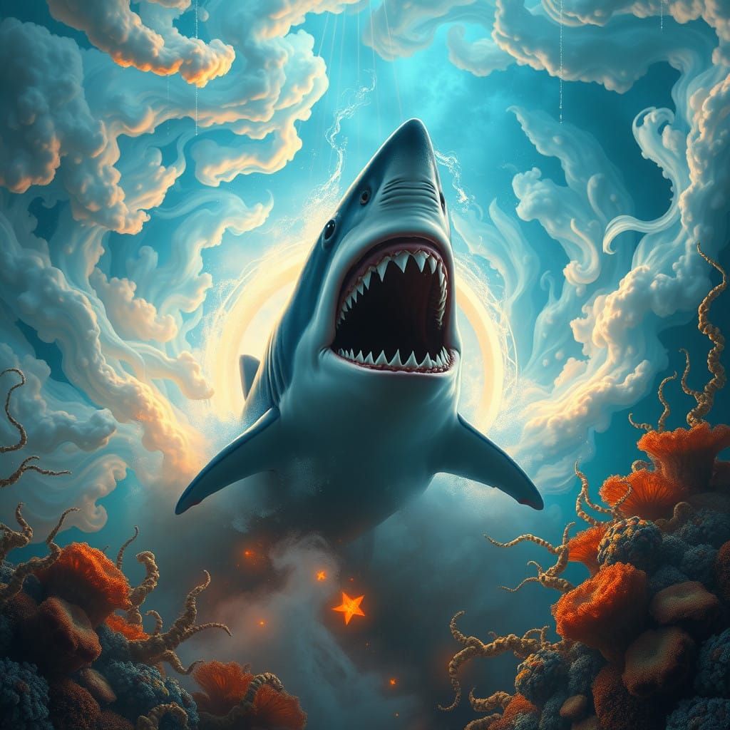 Majestic Shark Emerging from Iridescent Portal in Underwater...