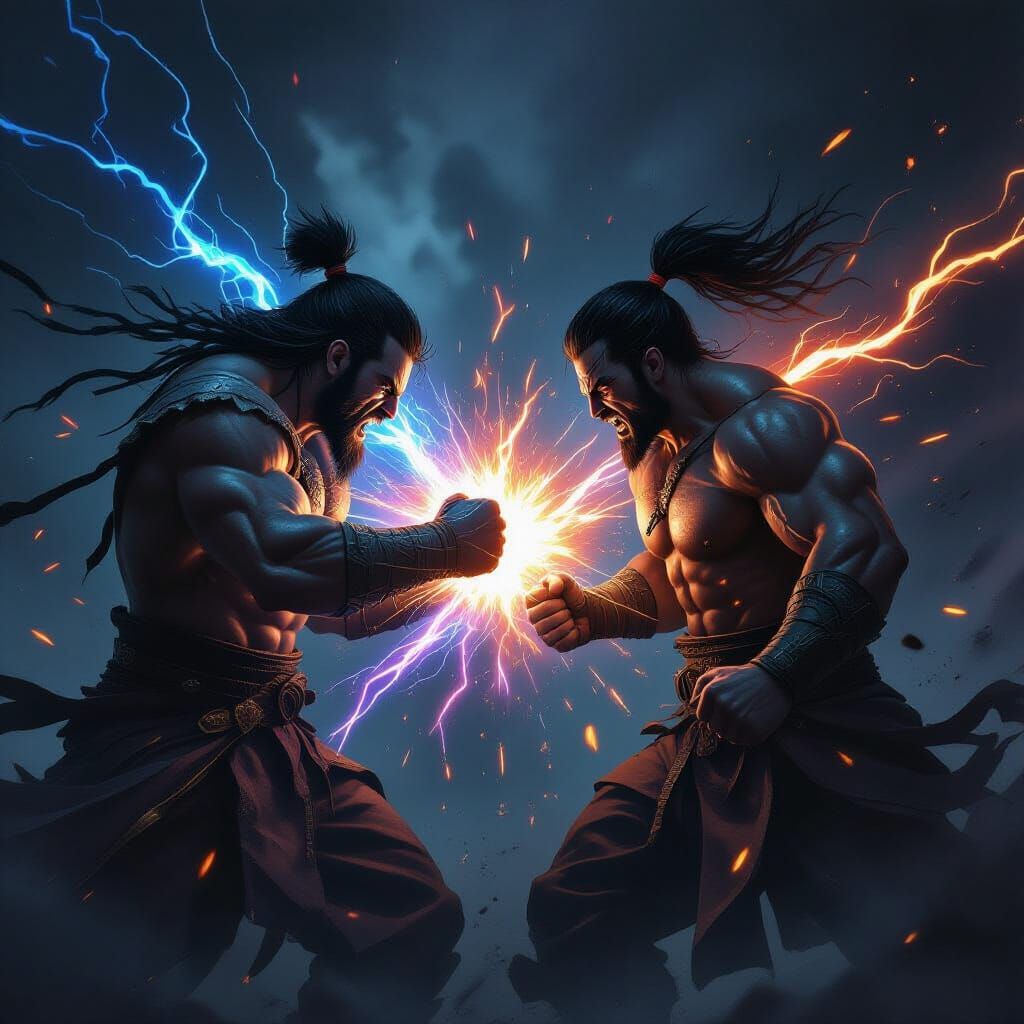 Epic Digital Painting of Fighters Clashing with Energy Burst...