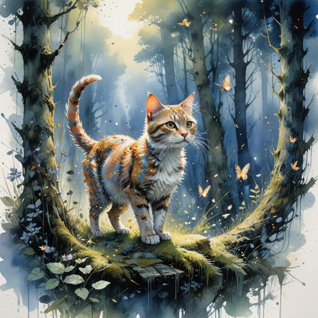 Whimsical Cat Chases Glowing Fireflies in an Enchanted Glen