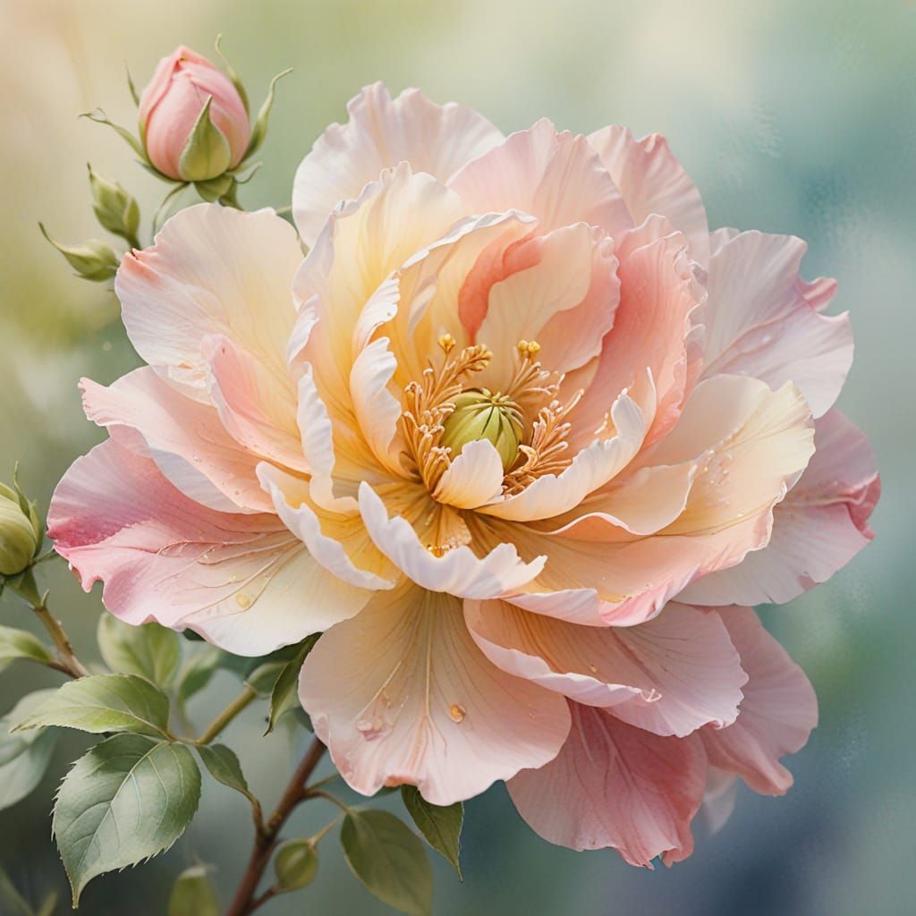 Blooming Flower in Watercolor with Soft Pastel Colors