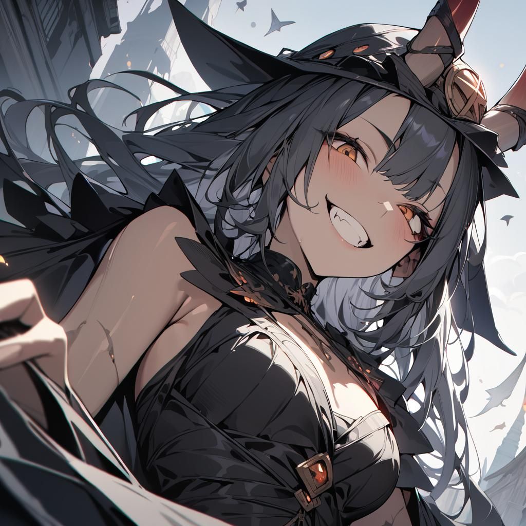 Grinning Oni Girl in Anime Style
