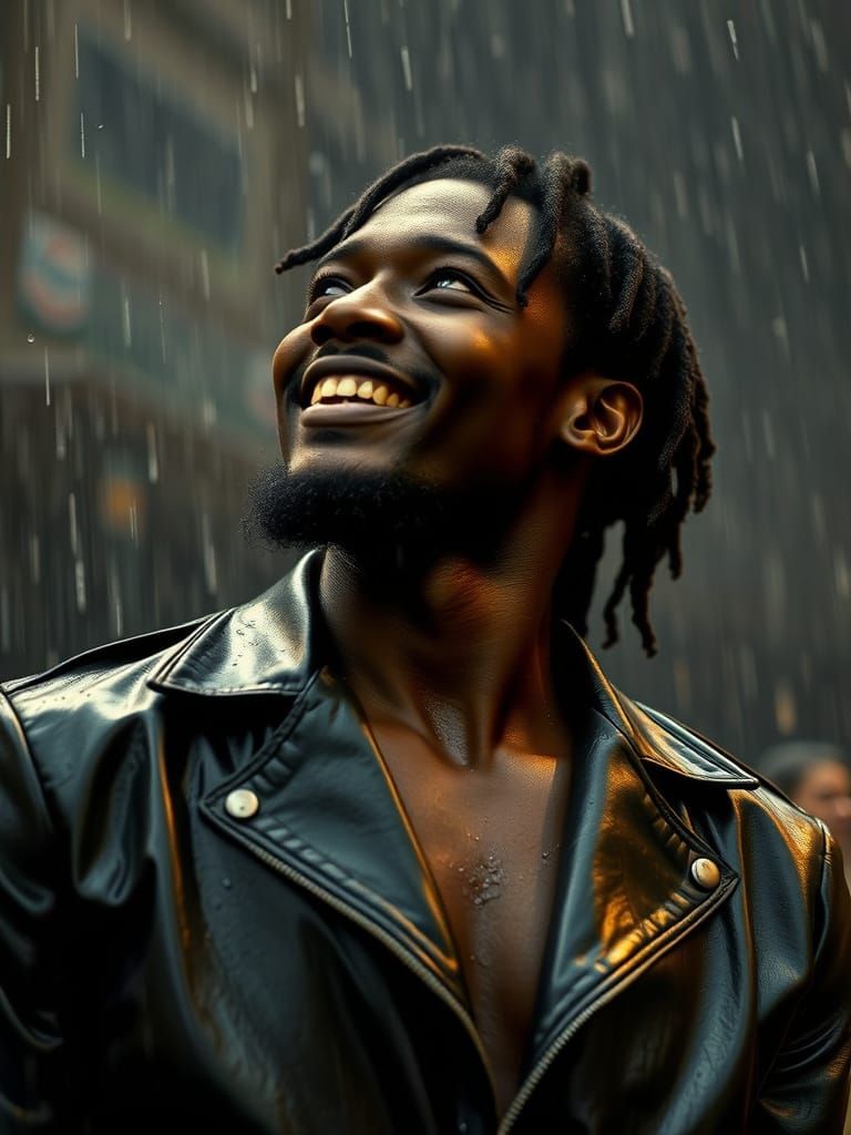Smiling Man in Rain, Cinematic 35mm Portrait
