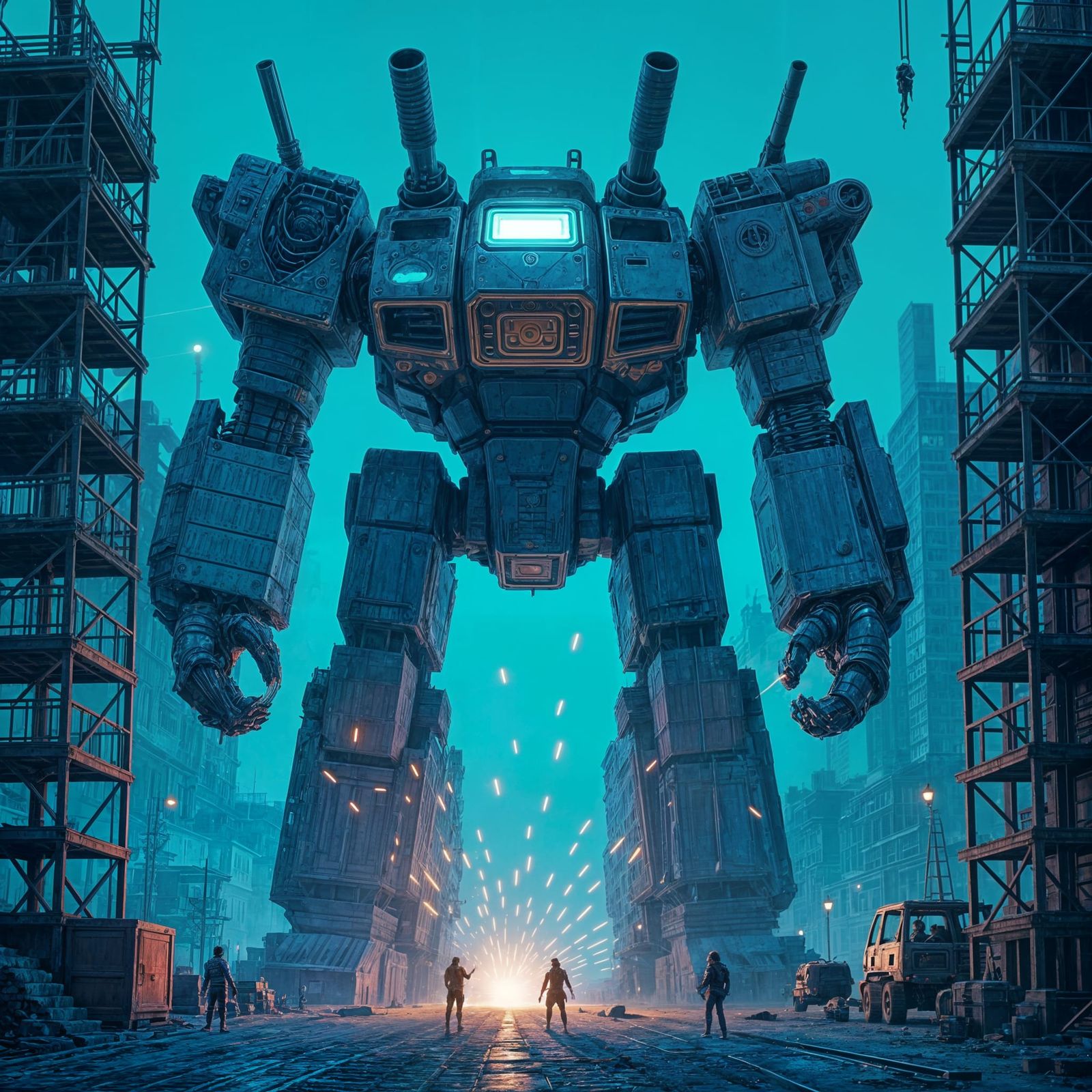 Giant Mech Repaired in Detailed Pixel Art Scene
