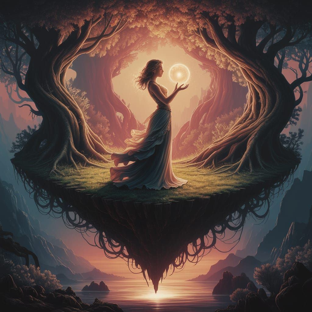 Woman on Floating Island with Glowing Orb