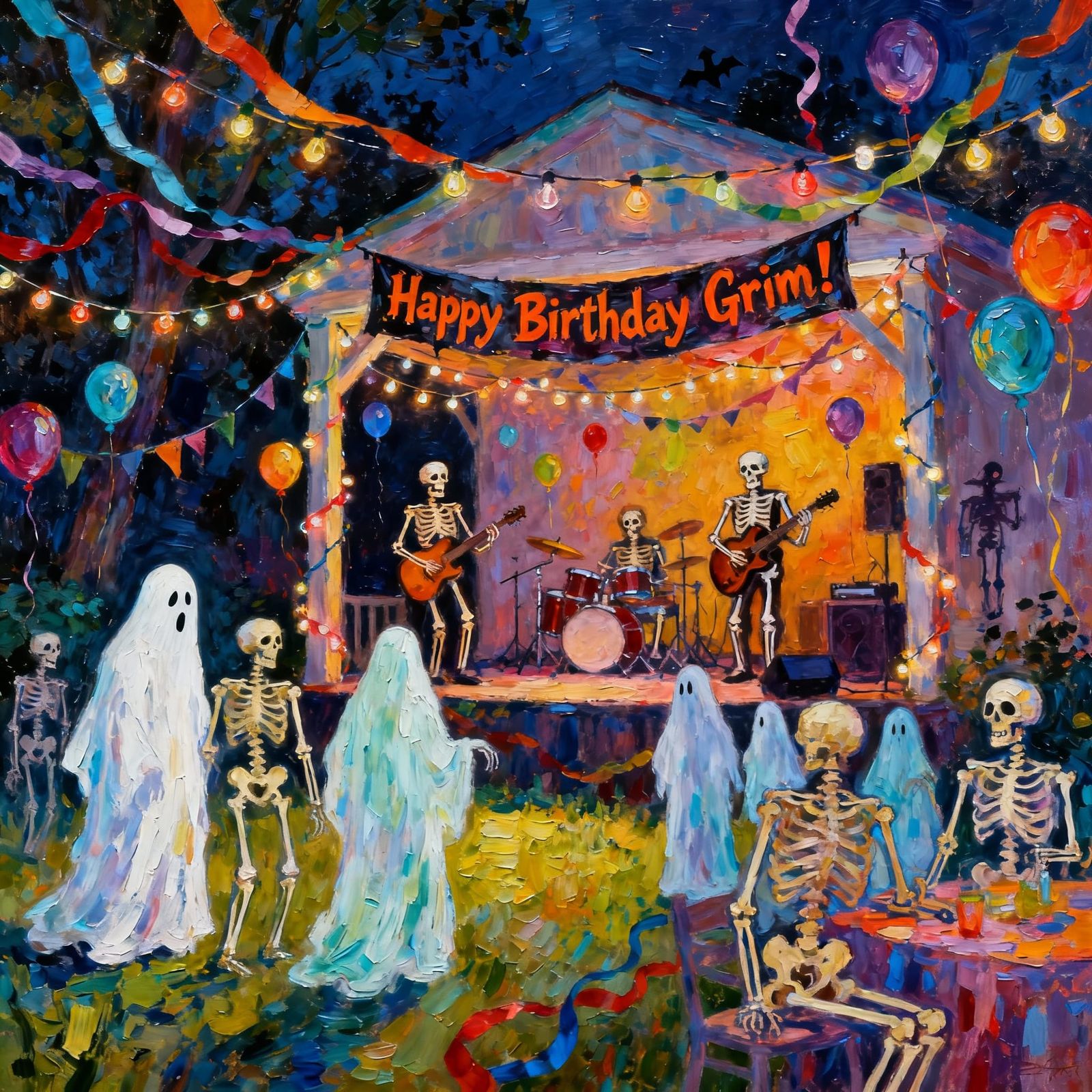 Ghost Birthday Bash With Skeleton Band In Impasto Style