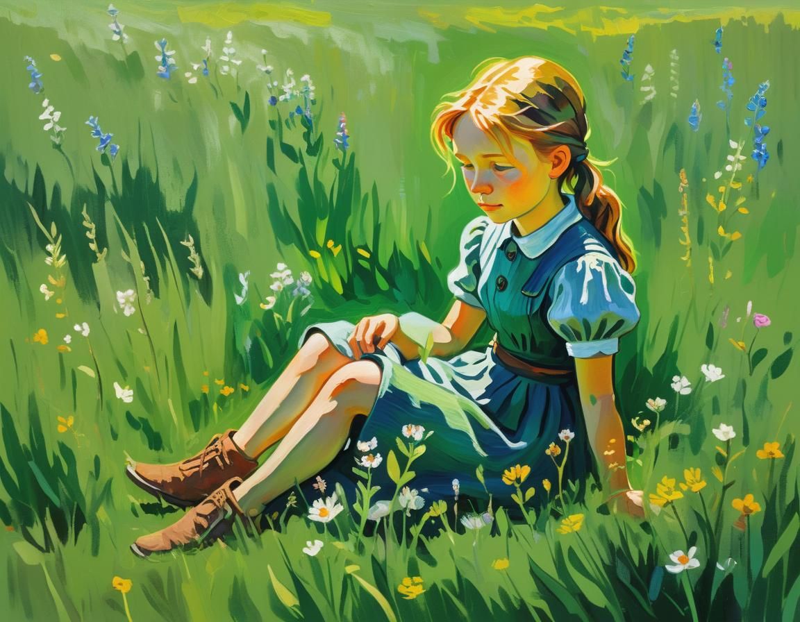 Impressionist Girl in Wildflower Field, Gouache Painting