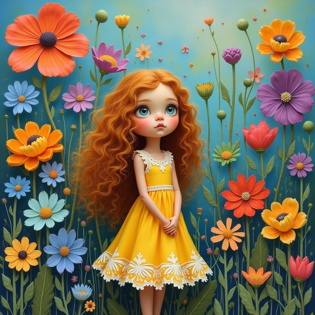 Girl Amongst Vibrant Floral Bloom in Whimsical Art