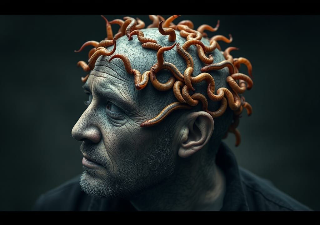 Disturbing Image: Man's Head with Emerging Worms