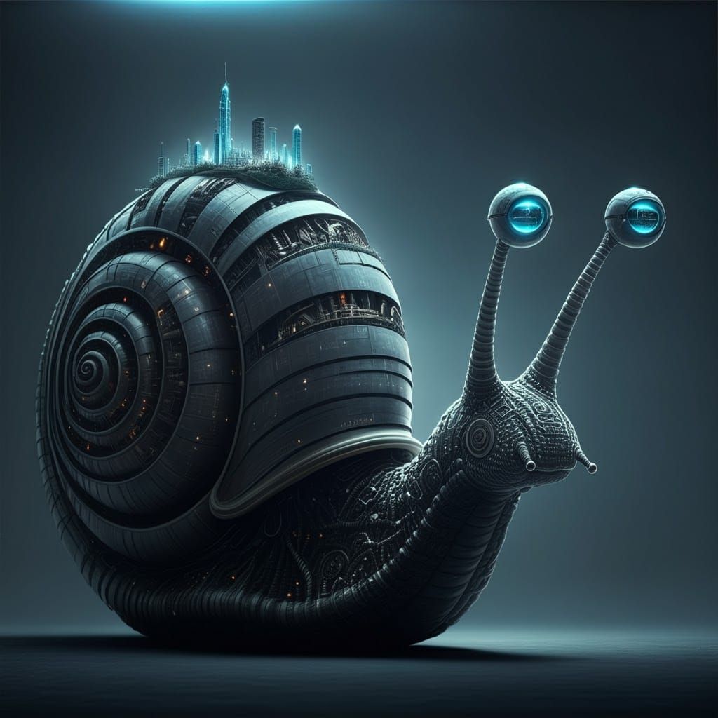 Hypermaximalist Cryopunk Snail Carries City Spaceship