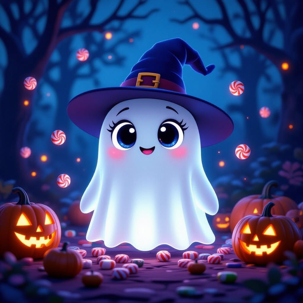 Adorable Robot Ghost with Witch Hat and Candy