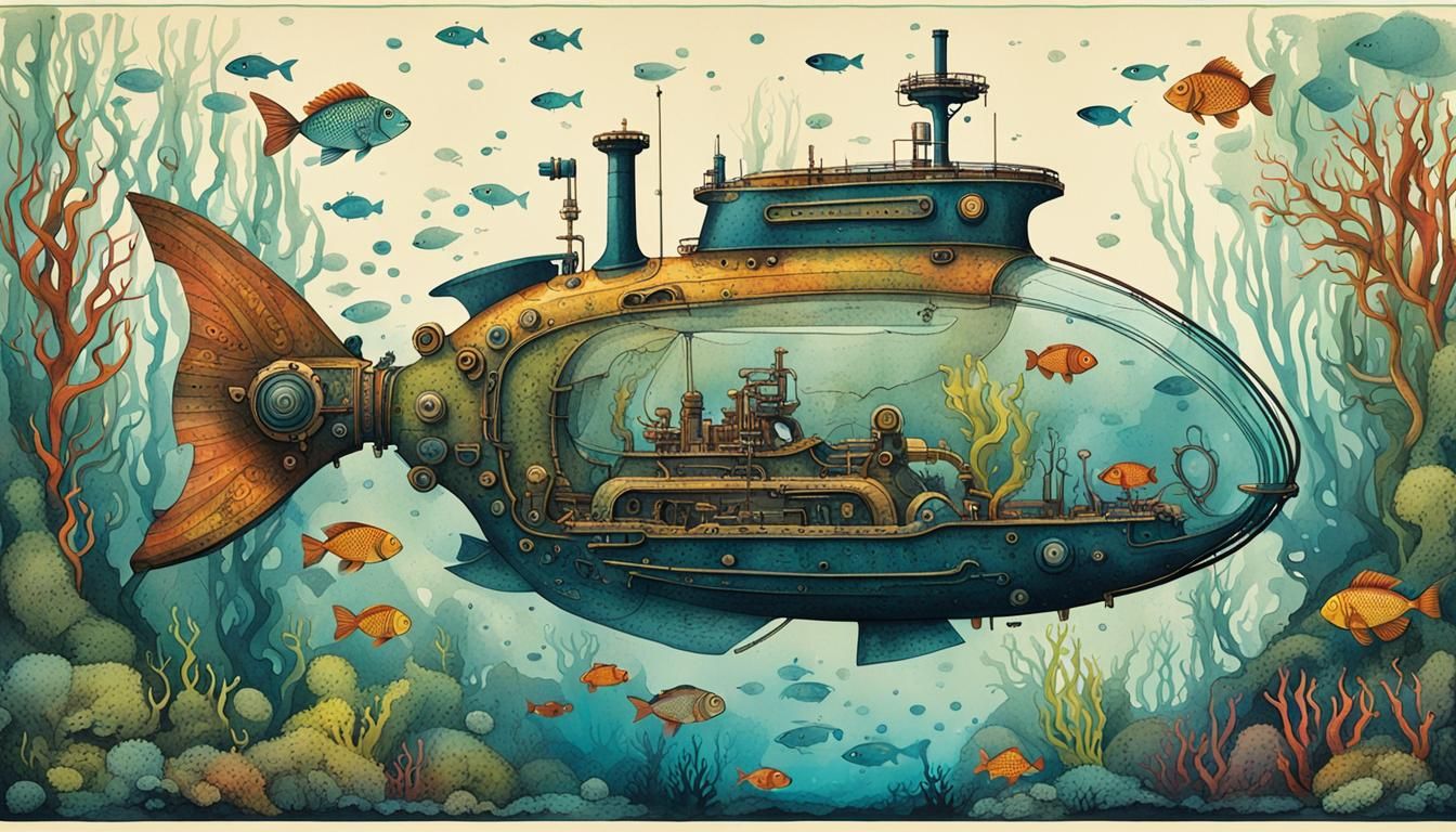 Whimsical Fish-Submarine in Kelp Forest Poster