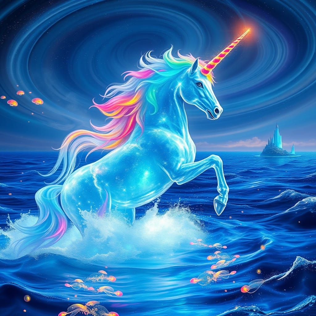 Crystal Unicorn Emerges from Iridescent Ocean