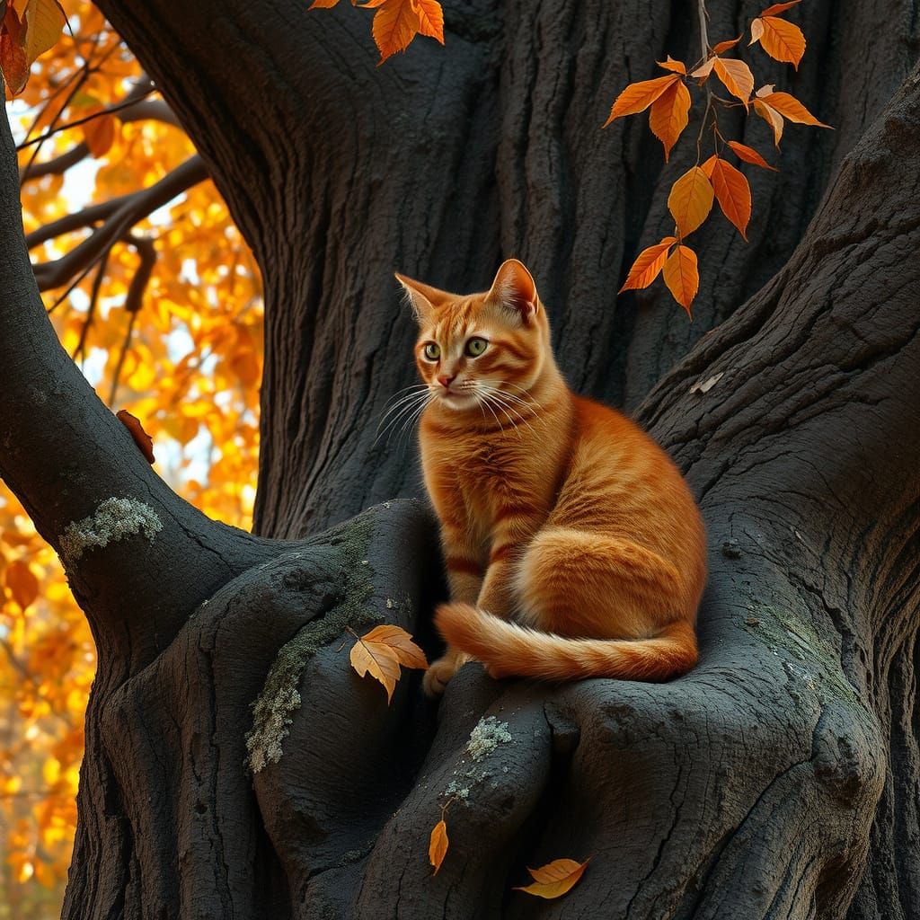 Cozy Red Cat Contemplates Autumn Landscape