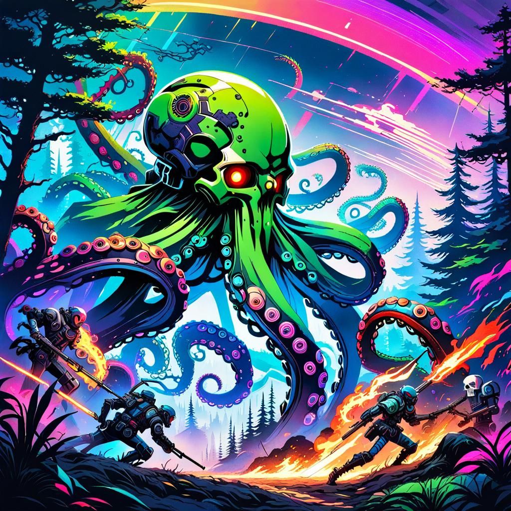 Cyberpunk Mecha Fight Under Neon Lights