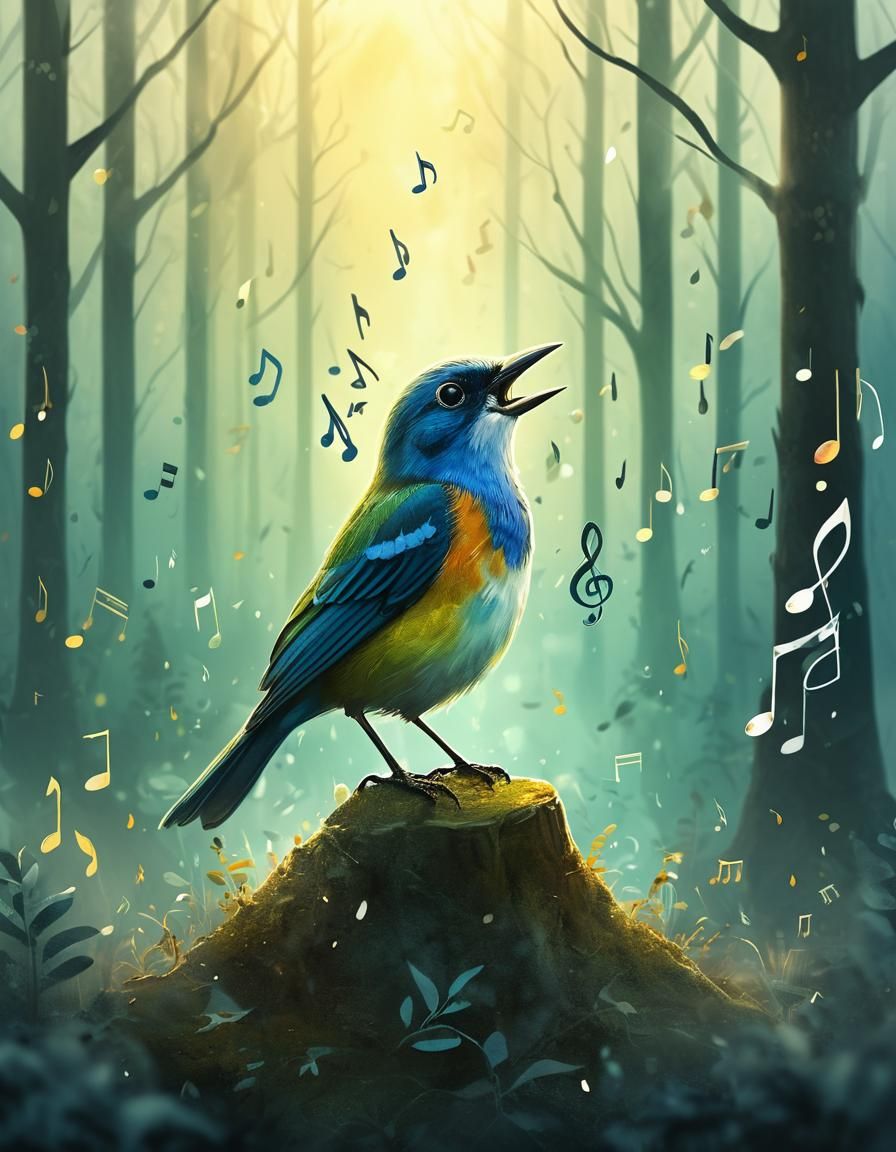 Melancholic Songbird in Misty Forest Concept Art