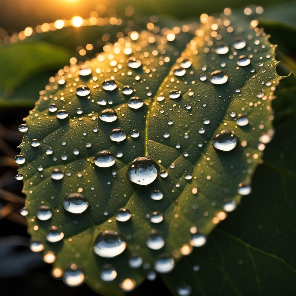 Dawn Dew Drops Reflecting on Leaf