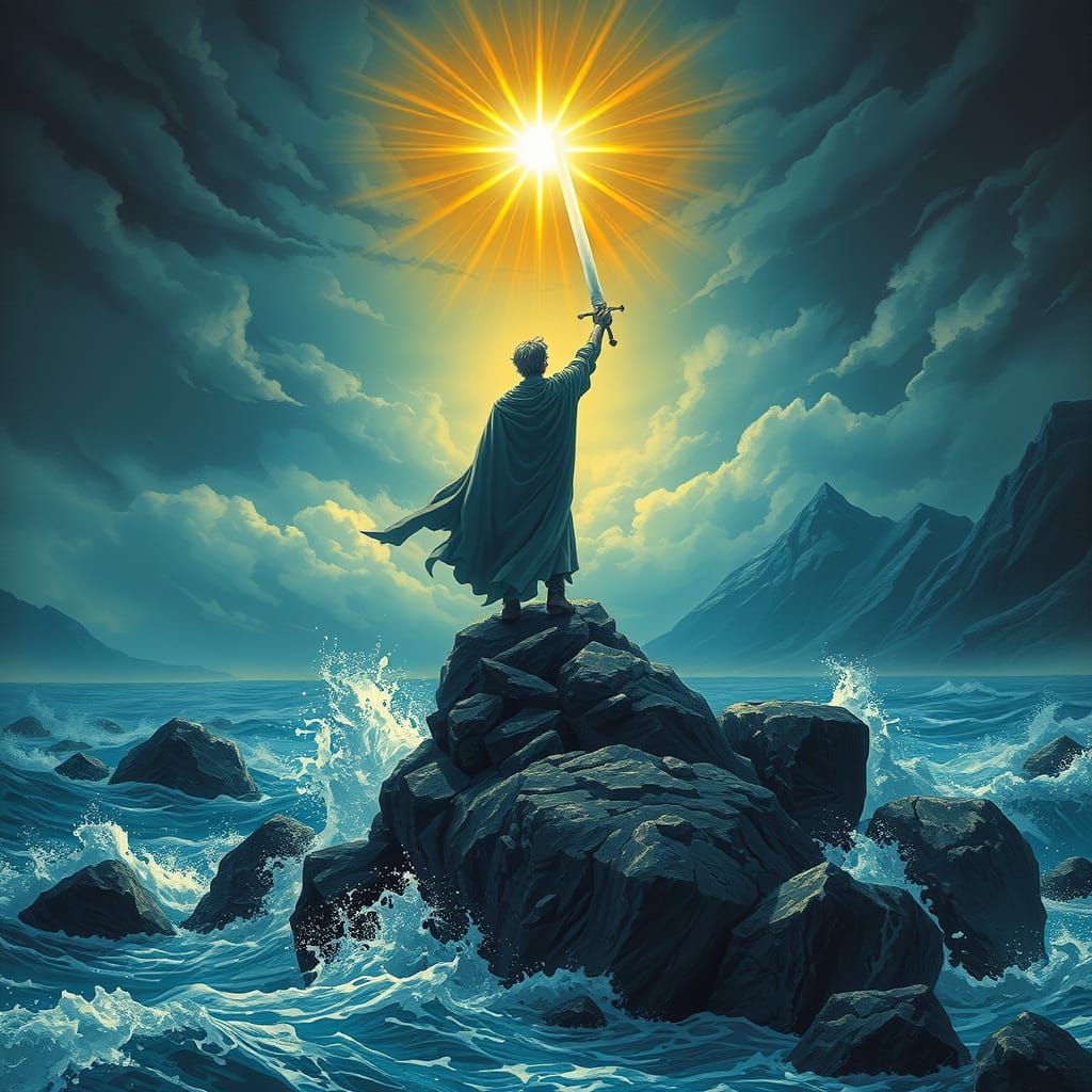 Heroic Figure Triumphs Amidst Celestial Glory