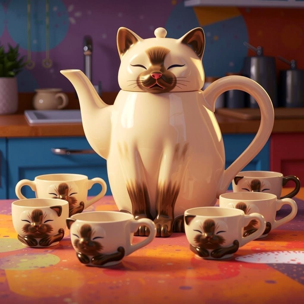 Hyper Realistic Siamese Cat Teapot with Kitten Teacups