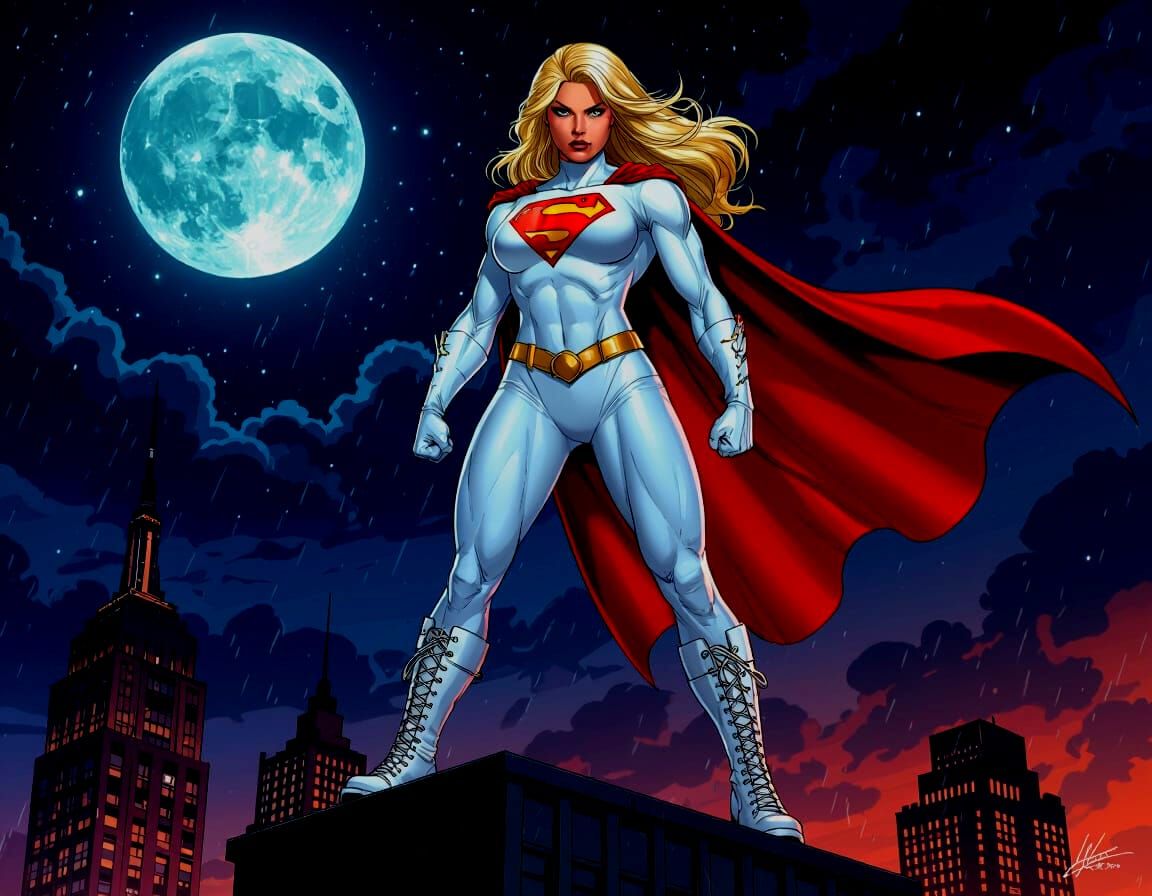 Powergirl in Skintight Costume on Skyscraper