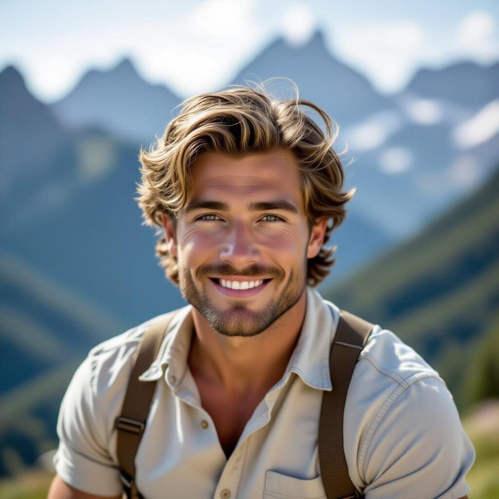Rugged Young Man in Rocky Mountains Landscape