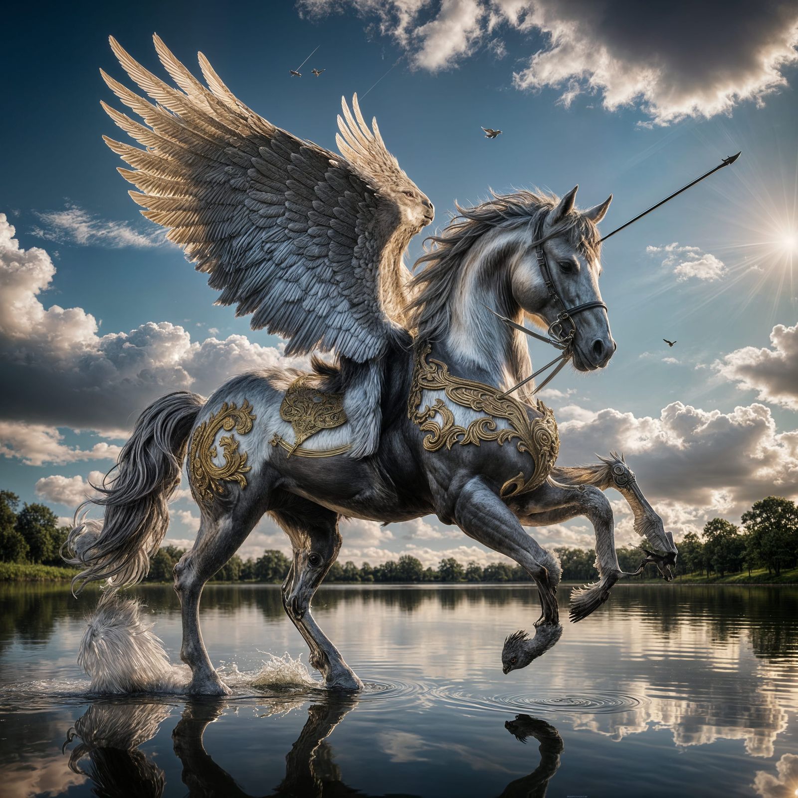 Black Pegasus in Flight with Angels, Hyperrealistic