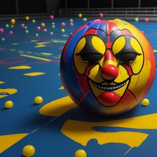 Grotesque Clown Balloon in Surreal Gymnasium