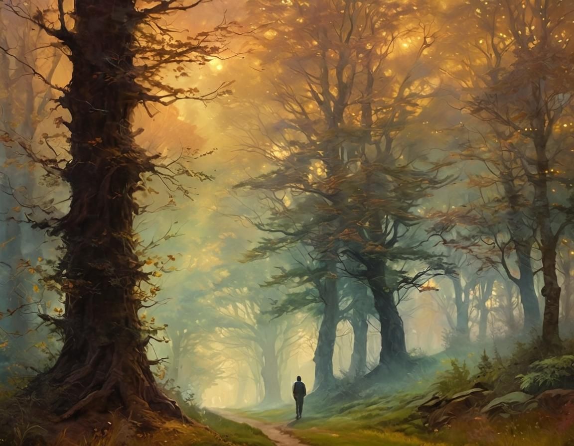 Surreal Landscape Painting of Lone Figure in Golden Hour