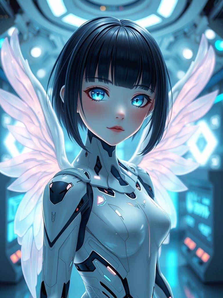 Android Angel in High-Tech Lab with Cel-Shaded Details