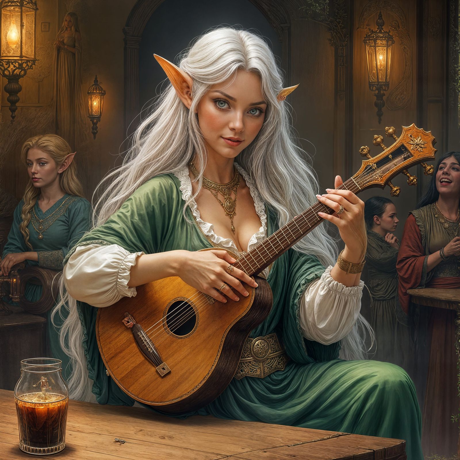 Elegant Elf Bard in a Lantern-Lit Tavern