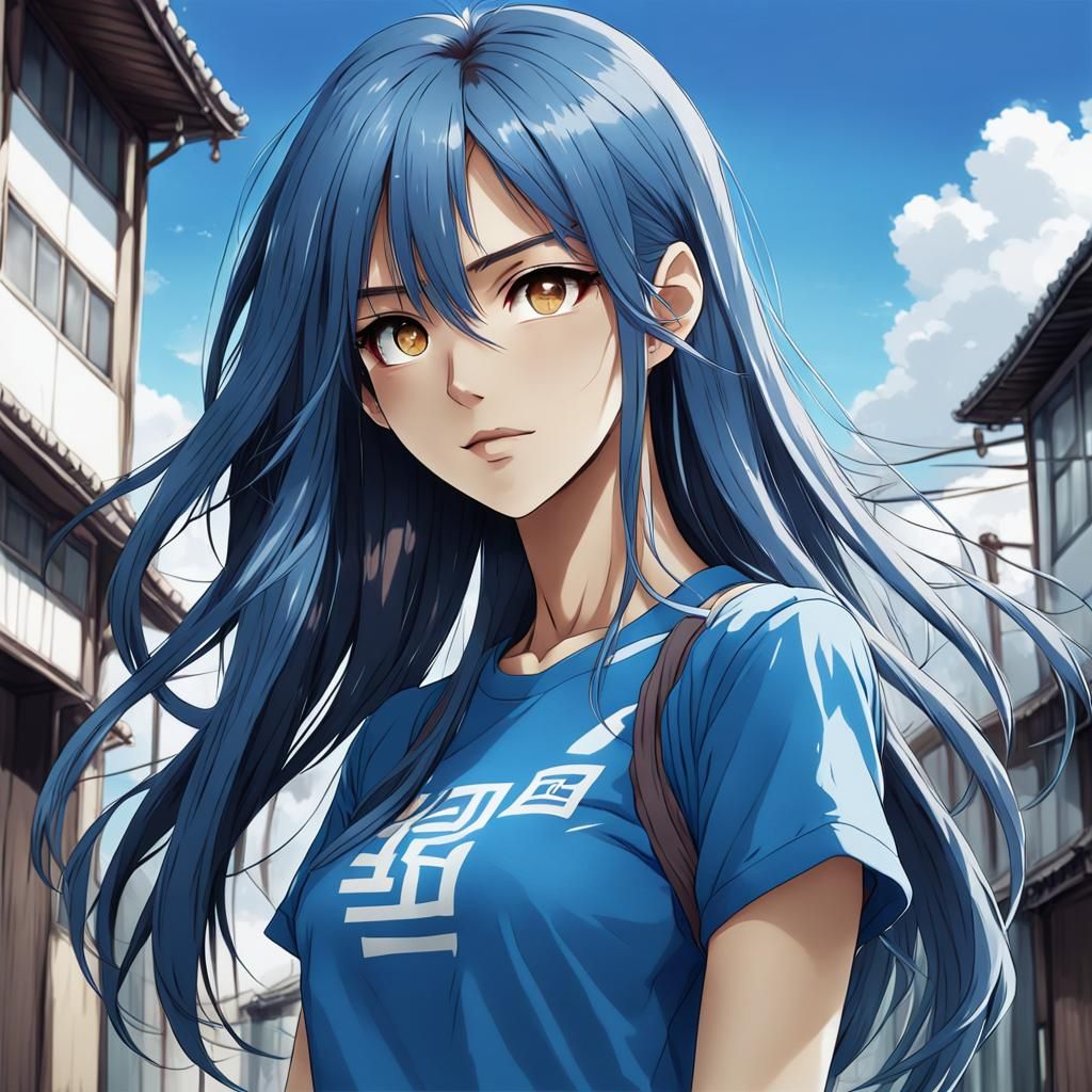 Anime Style Portrait of a Blue-Haired Woman