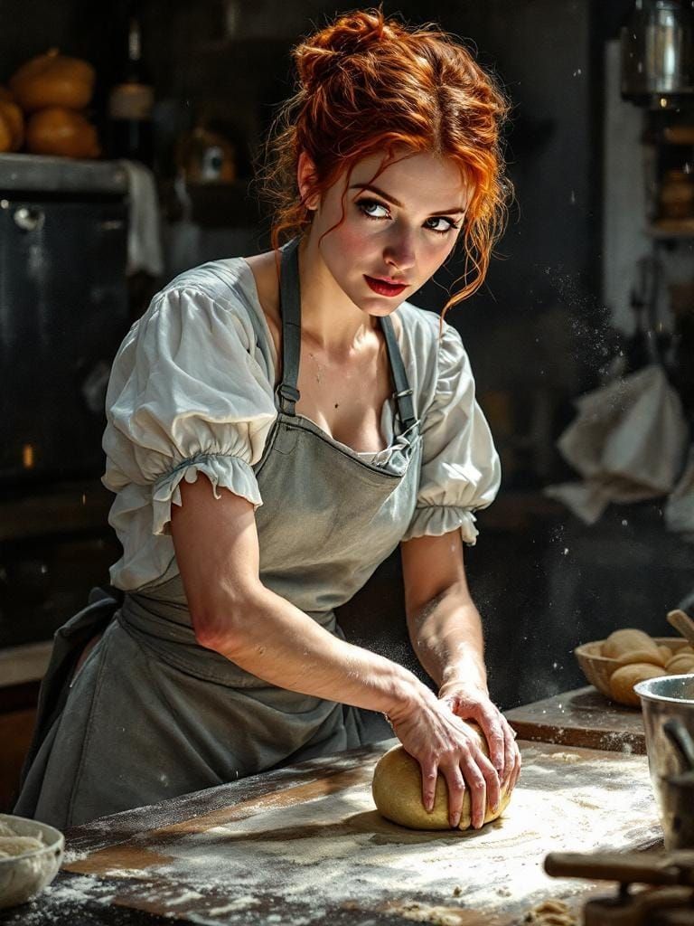 Redhead Baker in Noir Kitchen, Bold Impressionist Painting