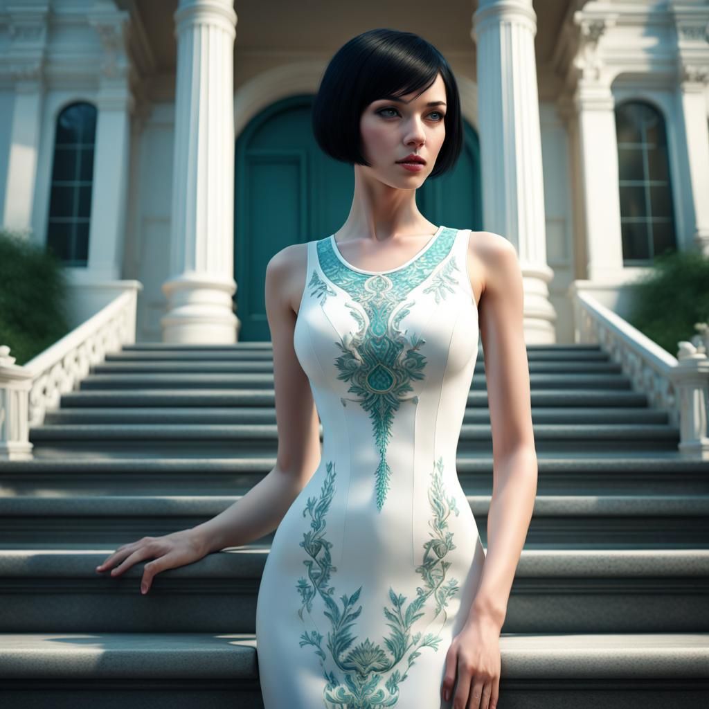 Young Woman on Mansion Steps: Fantasy Concept Art