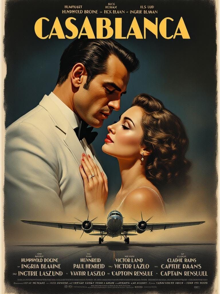 Casablanca Airport Farewell in 1940s Movie Poster Style
