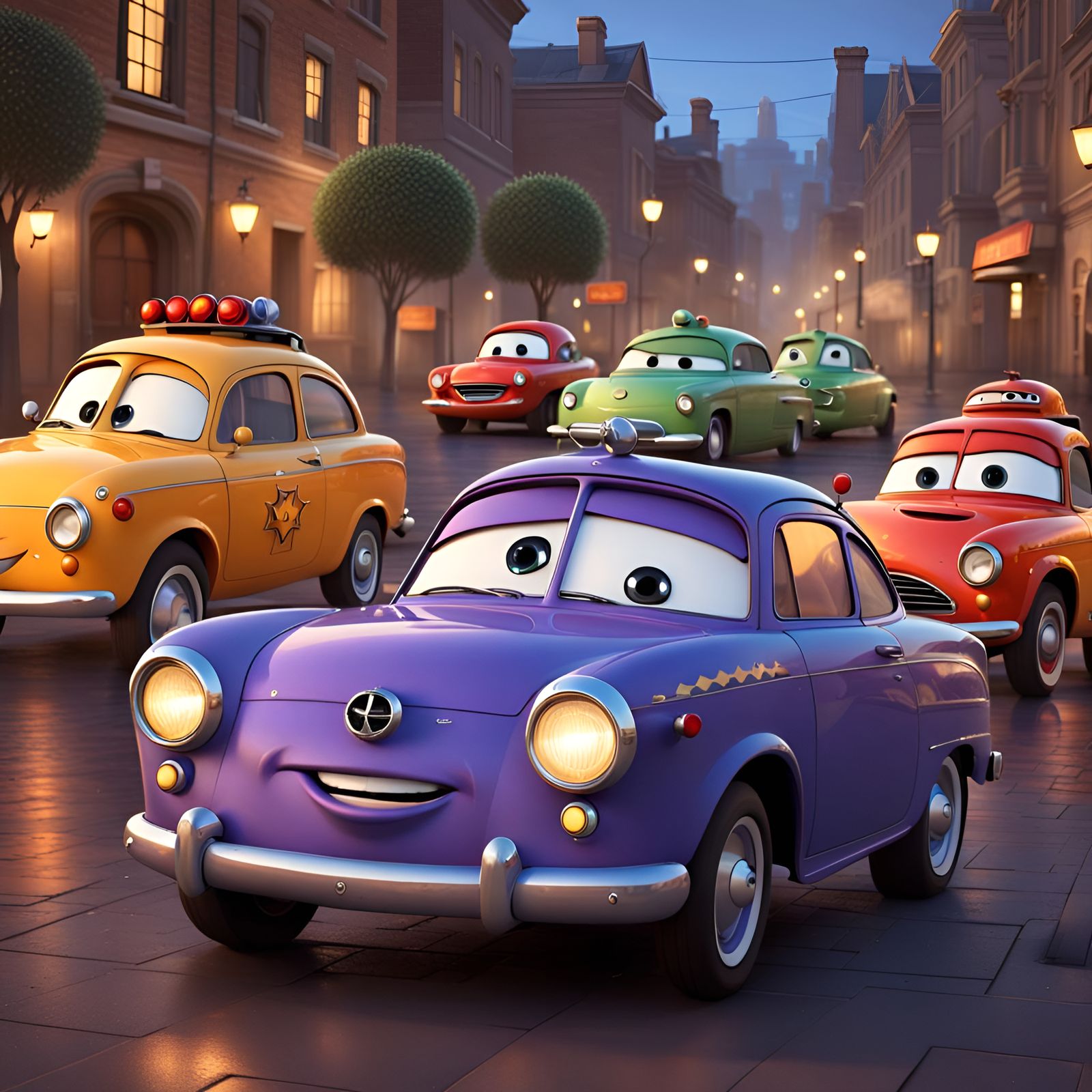 Living Cars Flashing Headlights in Pixar Style