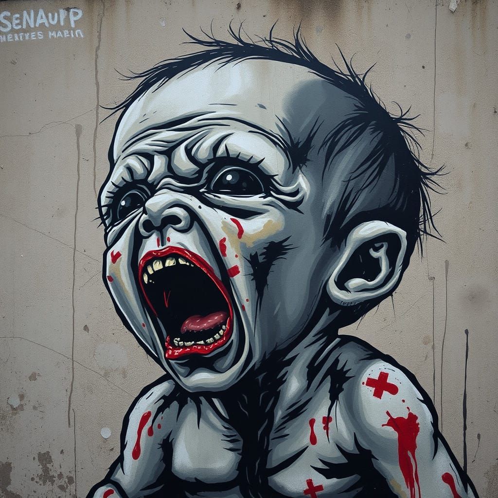 Distressed Zombie Infant in Gritty Street Art Style