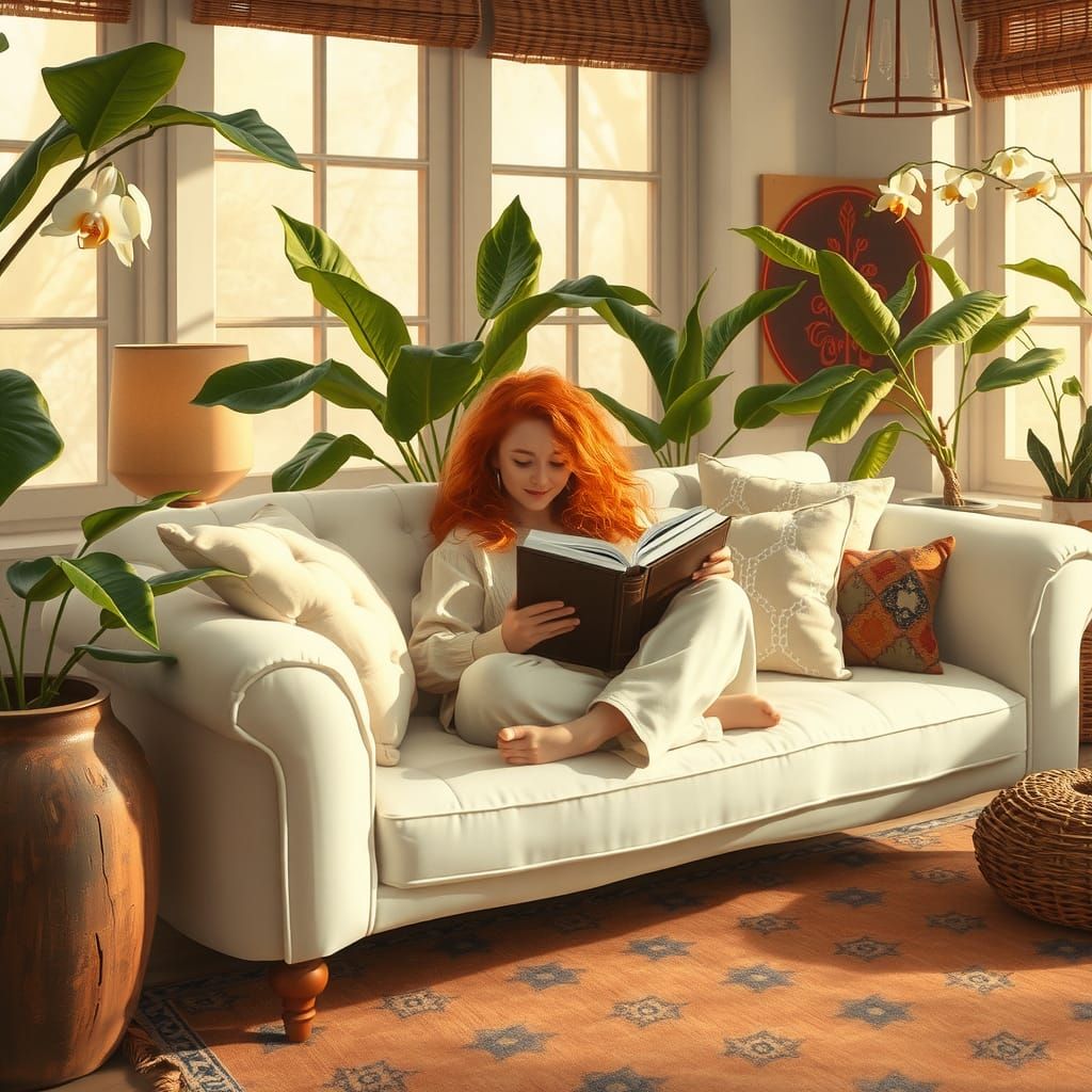 Inviting Home Interior with Woman Reading Book