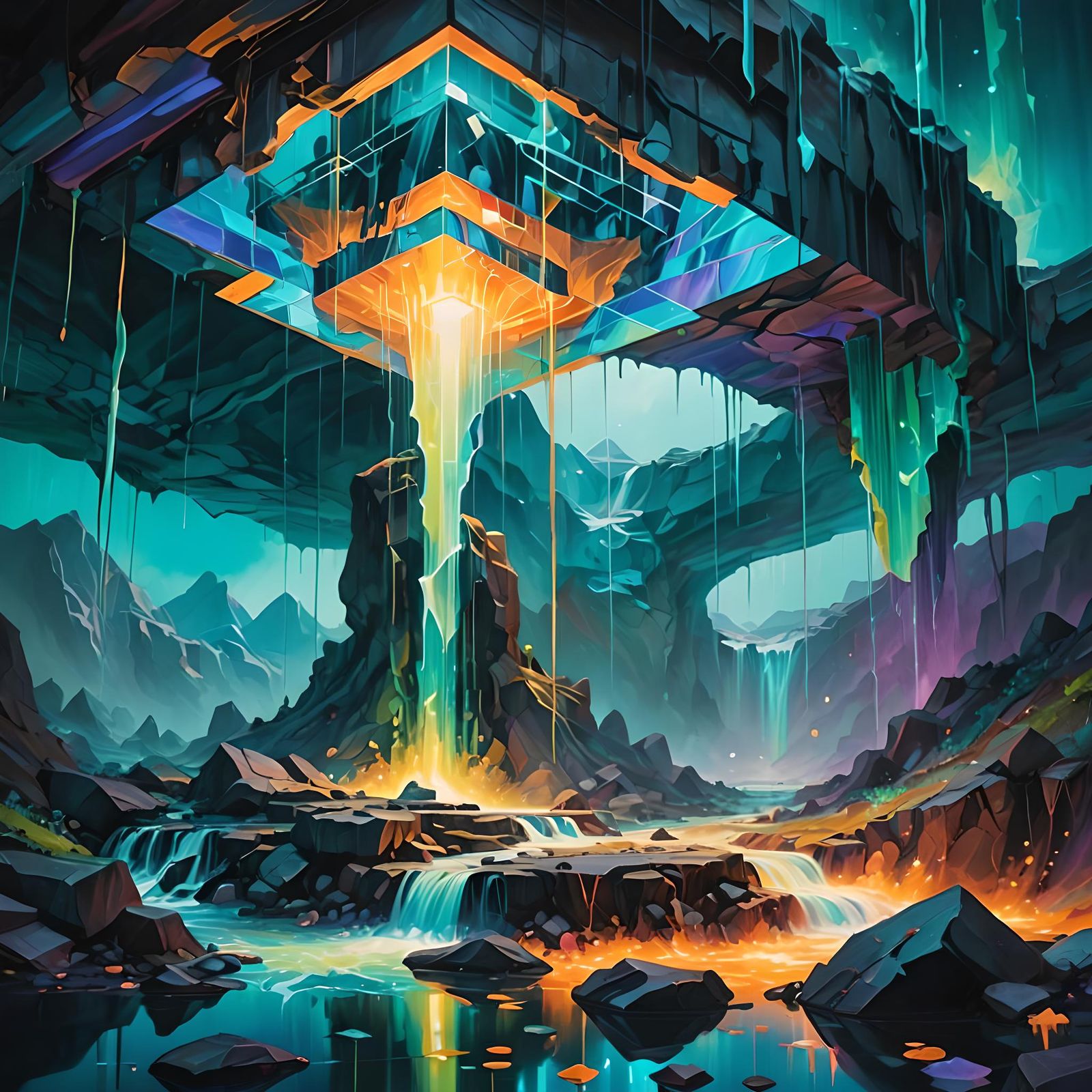 Warped Geometric Landscape with Waterfalls and Light
