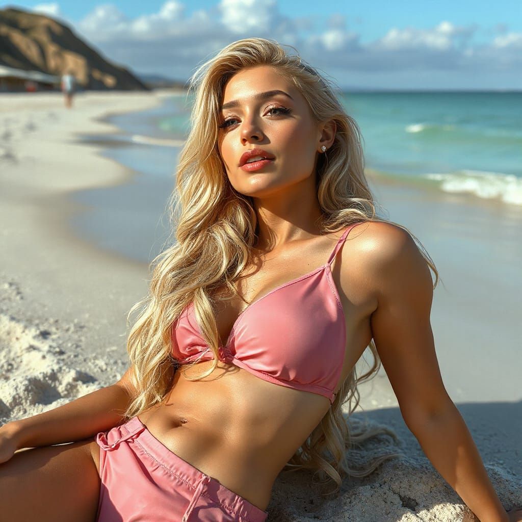 Blonde Woman in Pink Bikini on Beach: Hyperrealistic Style
