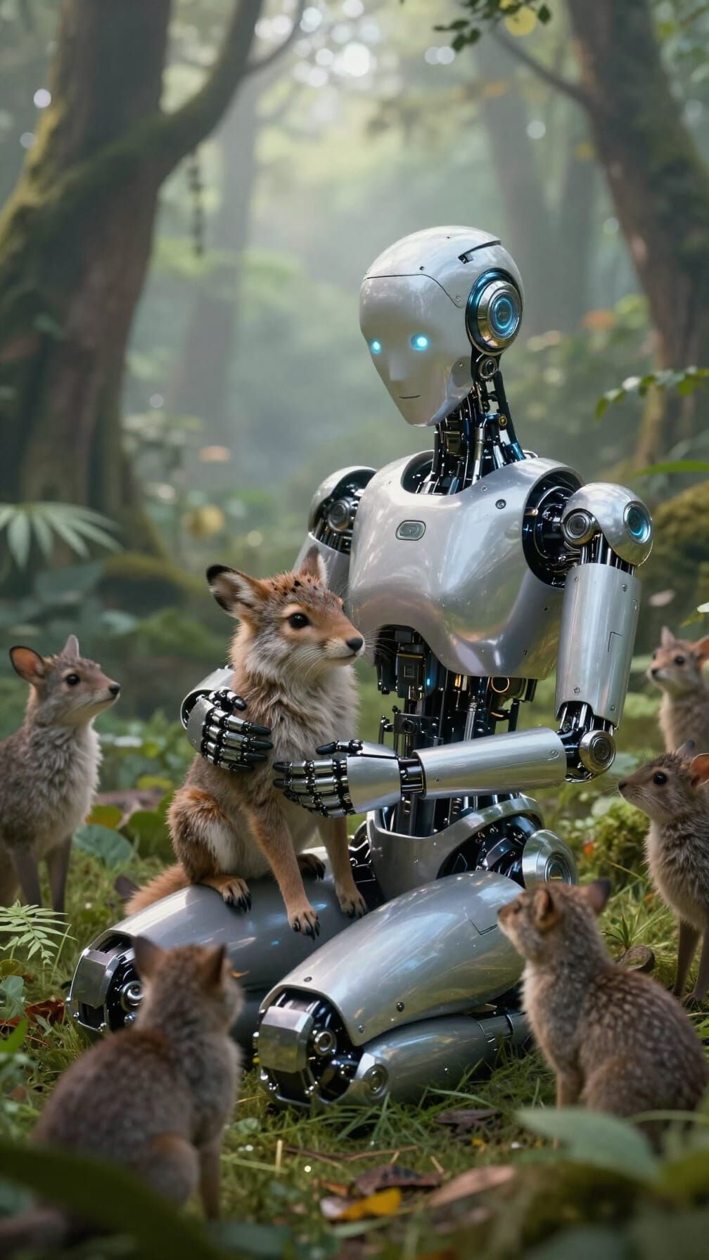 AI Robot Empathetically Rescues Animal in Mystical Forest