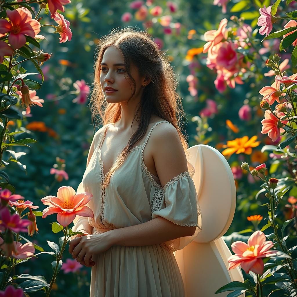 Hyperrealistic Garden Scene with Woman and Eliza