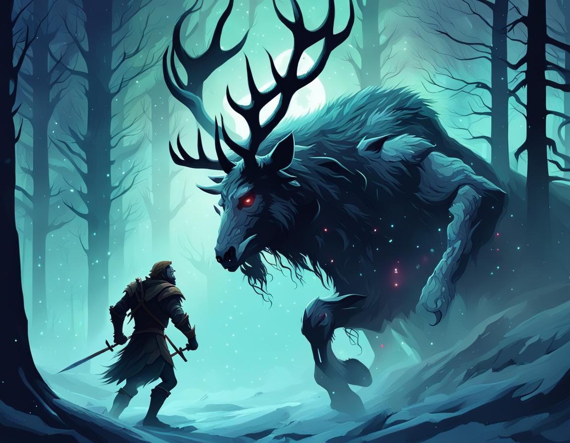 Knight Battles Wendigo in Forest Under Northern Lights