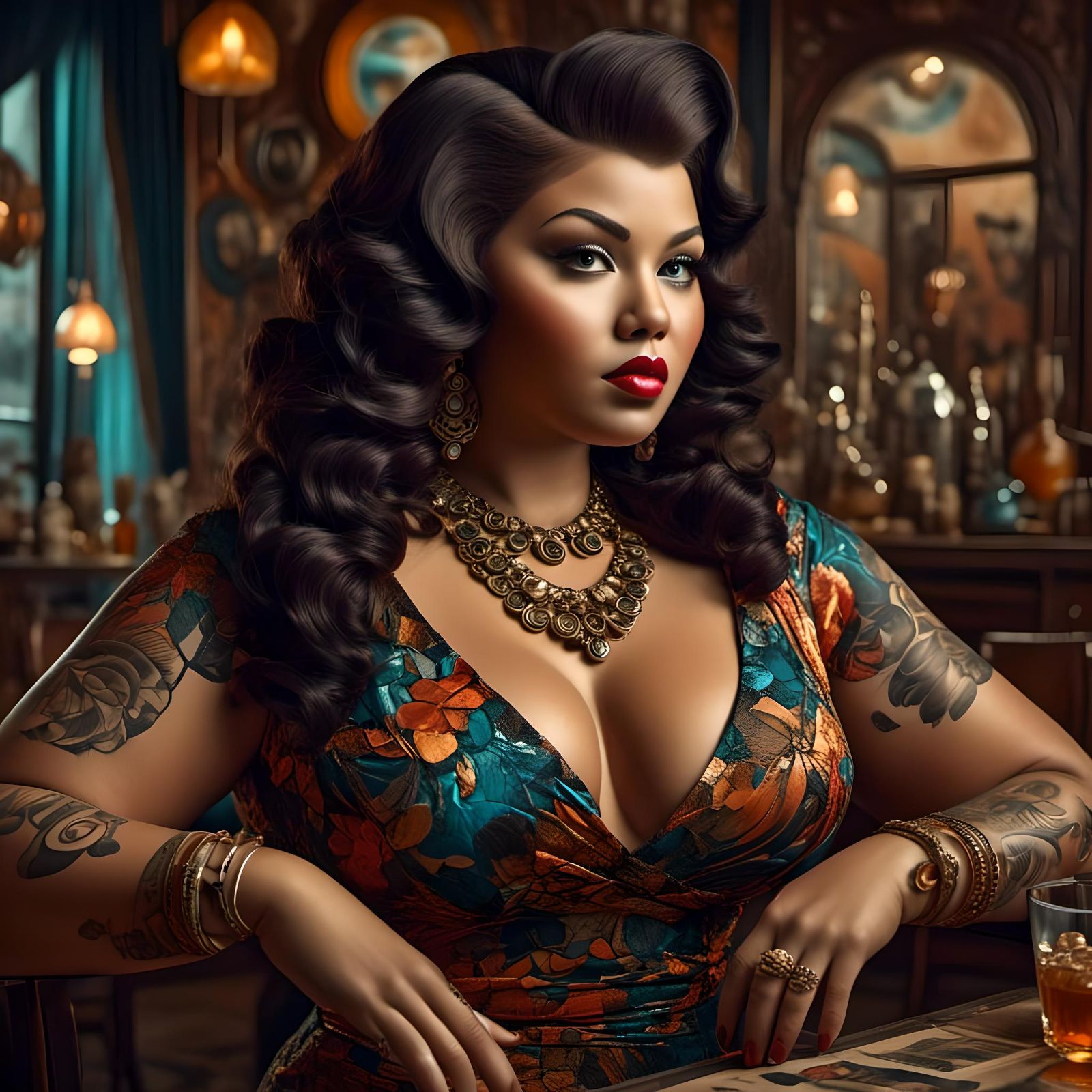 Curvy Woman in 1950s Style with Classic Cars