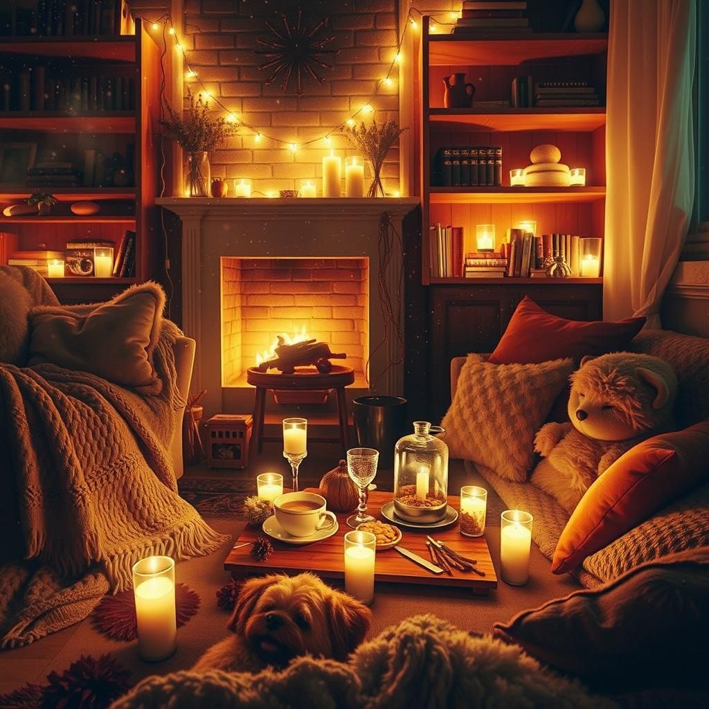 Cozy Fireplace Living Room with Fairy Lights