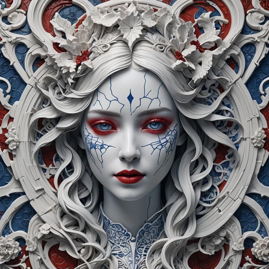 Intricate Woman's Portrait in White Porcelain with Vibrant D...