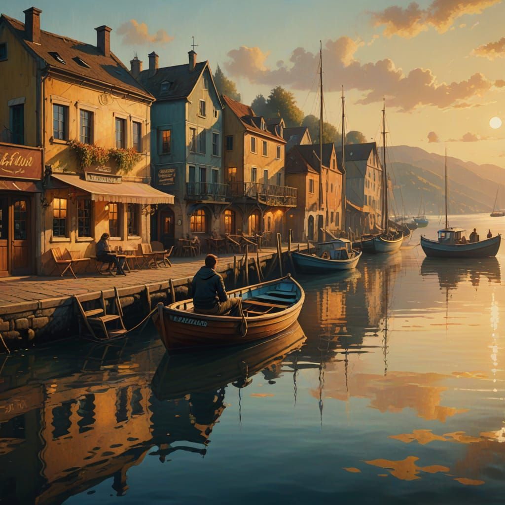 Serene Waterfront Scene: Boat by Taverne in Golden Light