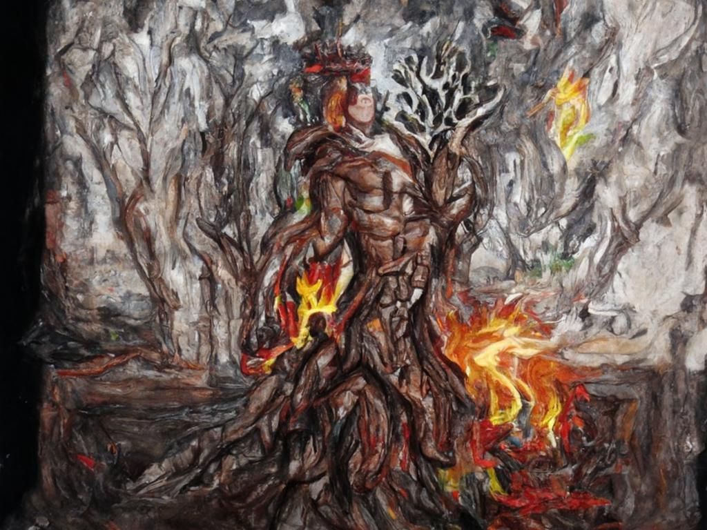 Majestic Fire Tree Cyborg Warrior in Oil Art